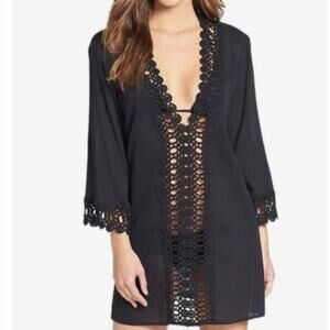 MiYang Crochet Sheer Wide Sleeve Swim Beach Cover Up Dress In Black Size Small